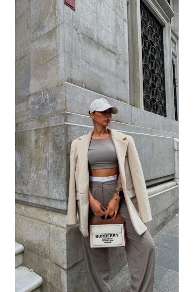 Пальто-блейзер свободного кроя в стиле Pinterest из мягкой кашемировой ткани с одним пуговицей и подкладкой - 8