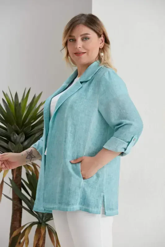 Пальто большое размера с запахом и воротником-батиком цвета бирюзы - 3