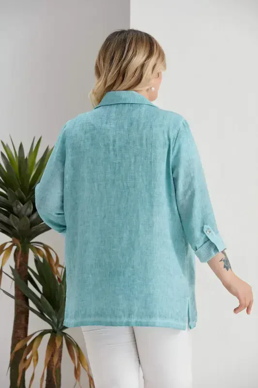 Пальто большое размера с запахом и воротником-батиком цвета бирюзы - 8