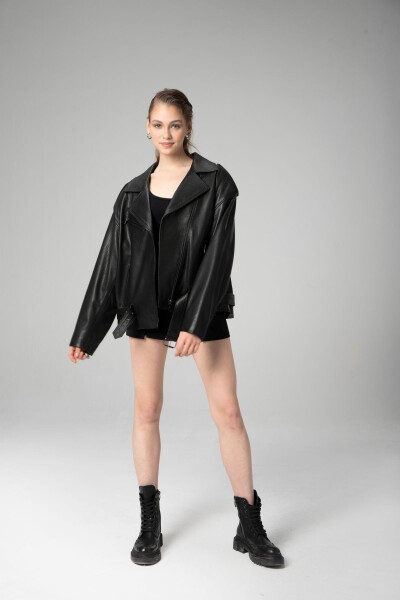 Pamela Unisex Jumbo Oversize Biker Haqiqi Teri Ko'ylagi Qora - 25