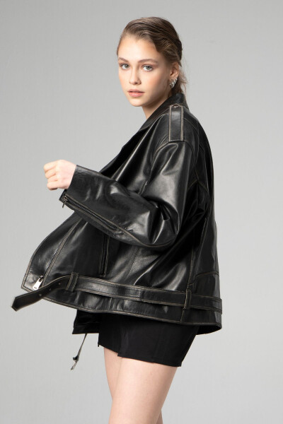 Pamela Unisex Yuvish Oversize Biker Haqiqi Teri Ko'ylagi Qora/bej - 18