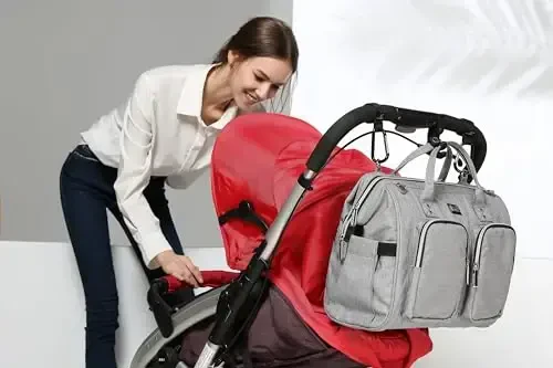 Pampers sumkalari, o'zgartirish yostig'i va aravachasi tasmali, katta ko'chma yangi tug'ilgan chaqaloq sumkalari, ota-onalar uchun unisex va zamonaviy sayohat pampers ryukzaklari (och kulrang) - 6