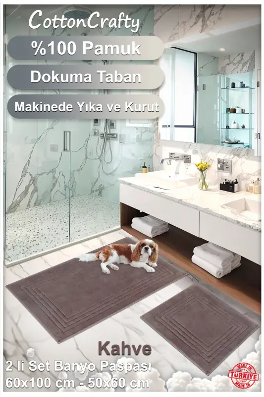 Pamuk Dokuma Banyo Paspas Seti, Banyo Halısı Vera 2 Li Set 60x100 - 60x50 KAHVE - kahve - 4