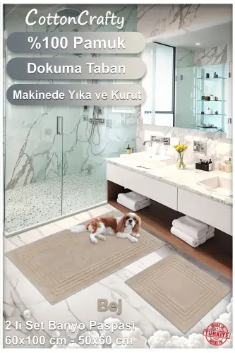 Pamuk Dokuma Su Emici Banyo Paspas Seti, Banyo Halısı Vera 2 Li Set 60x100 - 60x50 BEJ - bej - 11