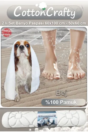 Pamuk Dokuma Su Emici Banyo Paspas Seti, Banyo Halısı Vera 2 Li Set 60x100 - 60x50 BEJ - bej - 3