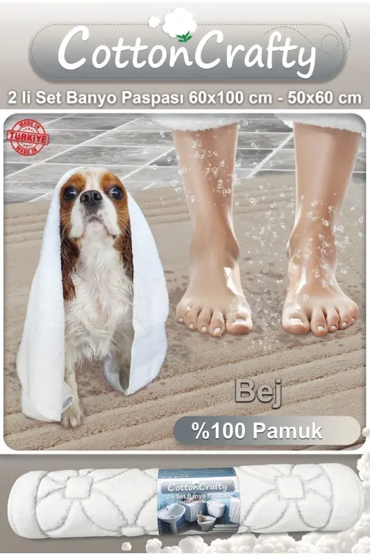 Pamuk Dokuma Su Emici Banyo Paspas Seti, Banyo Halısı Vera 2 Li Set 60x100 - 60x50 BEJ - bej - 3