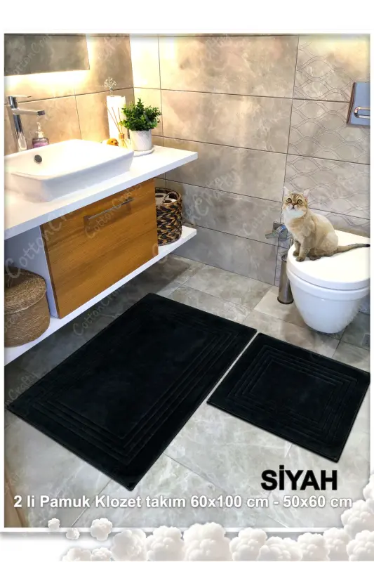 Pamuk Dokuma Su Emici Banyo Paspas Seti, Banyo Halısı Vera 2 Li Set 60x100 - 60x50 SİYAH - Siyah - 3