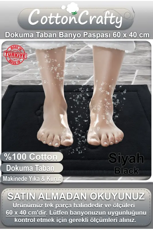 Pamuk Dokuma Su Emici Banyo Paspası Ayak 60x40 Cm-Siyah - 2