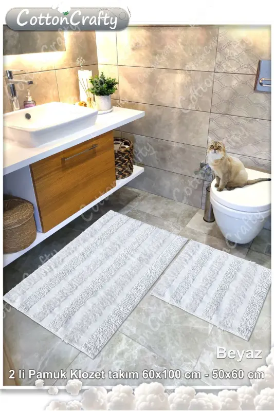 Pamuk Dokuma & Tafting Banyo Paspas Seti, Banyo Halısı Armoni 2 Li Set 60x100 - 60x50 BEYAZ - beyaz - 11