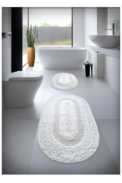 Pamuk El Tafting Su Emici Banyo Paspas Seti, Banyo Halısı Cottonway 2 Li Set 60x100 - 60x50-Ekru - 1