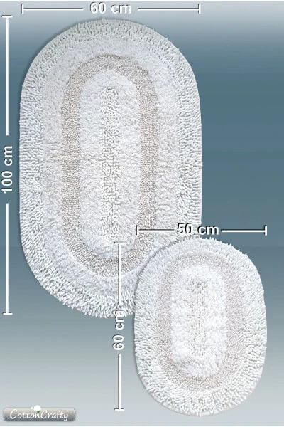 Pamuk El Tafting Su Emici Banyo Paspas Seti, Banyo Halısı Cottonway 2 Li Set 60x100 - 60x50-Ekru - 4