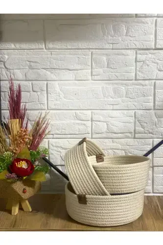 Pamuk Ipinden El Yapımı Ekru 3'lü Hasır Sepet Takımı - Çok Amaçlı Organizer - Düzenleyici Sepet - 1