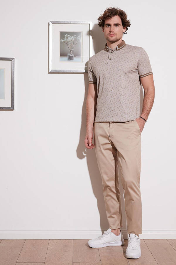 Bej Pamuk Karışımlı Desenli Slim Fit Polo Tişört 646B3280-Bej - 12