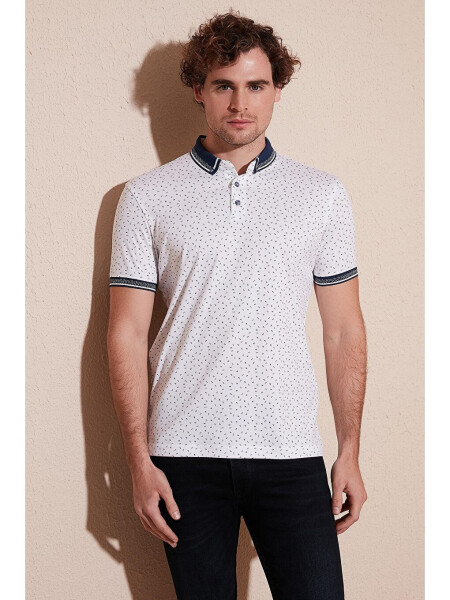 Beyaz Pamuk Karışımlı Desenli Slim Fit Polo Tişört 646B3200-Beyaz - 6