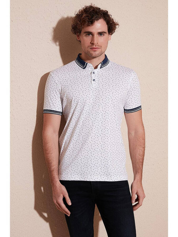 Beyaz Pamuk Karışımlı Desenli Slim Fit Polo Tişört 646B3200-Beyaz - 1