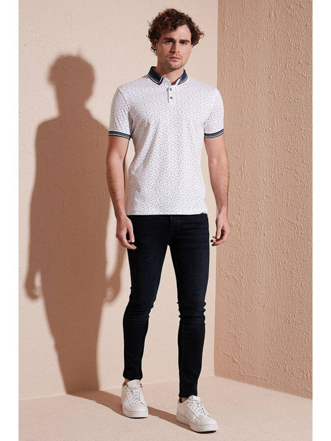 Beyaz Pamuk Karışımlı Desenli Slim Fit Polo Tişört 646B3200-Beyaz - 2