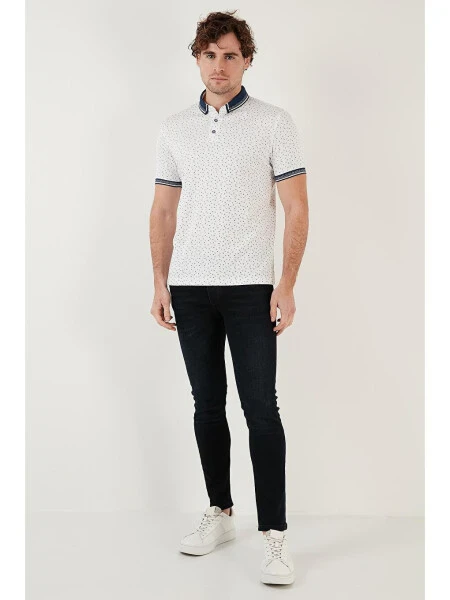 Beyaz Pamuk Karışımlı Desenli Slim Fit Polo Tişört 646B3200-Beyaz - 4