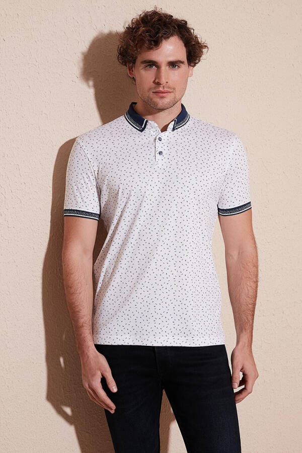 Beyaz Pamuk Karışımlı Desenli Slim Fit Polo Tişört 646B3200-Beyaz - 11