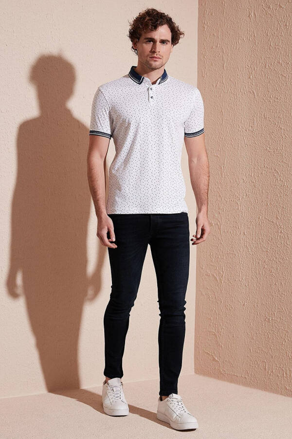 Beyaz Pamuk Karışımlı Desenli Slim Fit Polo Tişört 646B3200-Beyaz - 12