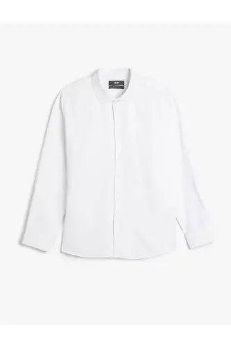 Pamuk Karışımlı Klasik Regular Fit Uzun Kollu Düğmeli Yarım İtalyan Yaka Gömlek-Beyaz - 1