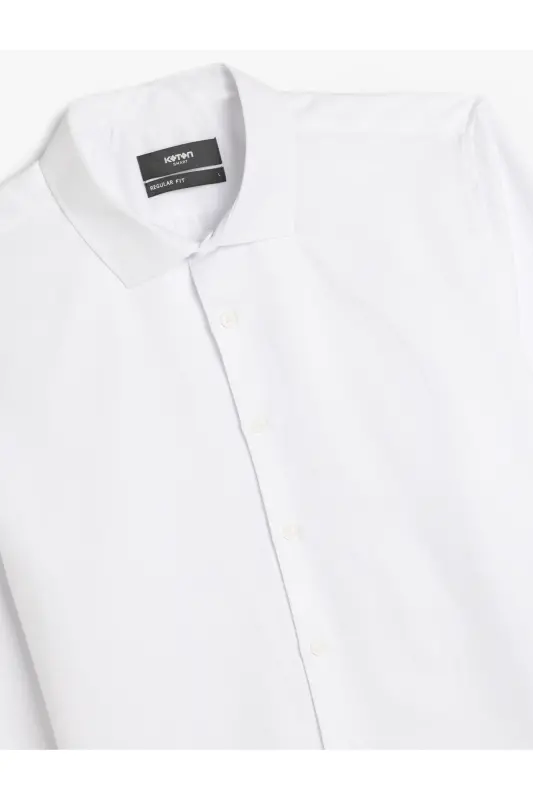 Pamuk Karışımlı Klasik Regular Fit Uzun Kollu Düğmeli Yarım İtalyan Yaka Gömlek-Beyaz - 3