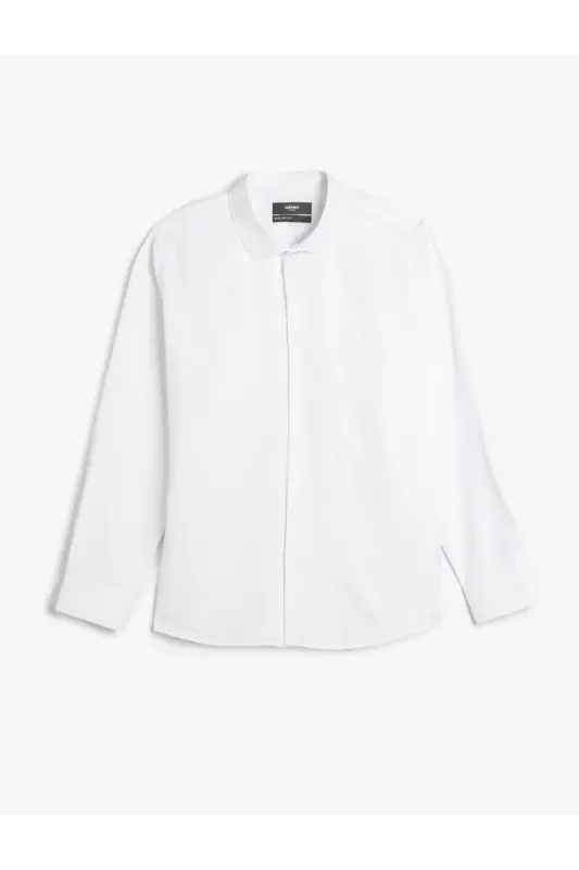 Pamuk Karışımlı Klasik Regular Fit Uzun Kollu Düğmeli Yarım İtalyan Yaka Gömlek-Beyaz - KOTON