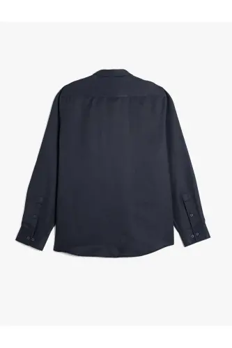 Pamuk Karışımlı Klasik Regular Fit Uzun Kollu Düğmeli Yarım İtalyan Yaka Gömlek-Lacivert - KOTON (1)