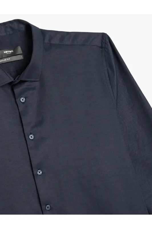 Pamuk Karışımlı Klasik Regular Fit Uzun Kollu Düğmeli Yarım İtalyan Yaka Gömlek-Lacivert - 3