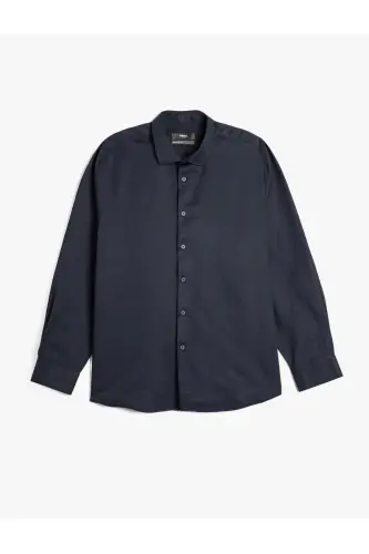 Pamuk Karışımlı Klasik Regular Fit Uzun Kollu Düğmeli Yarım İtalyan Yaka Gömlek-Lacivert - 1