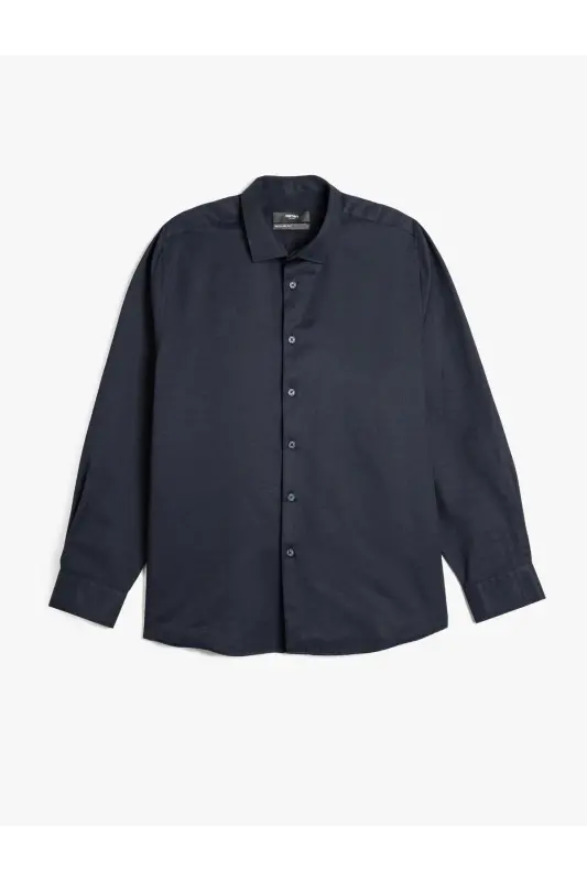 Pamuk Karışımlı Klasik Regular Fit Uzun Kollu Düğmeli Yarım İtalyan Yaka Gömlek-Lacivert - KOTON