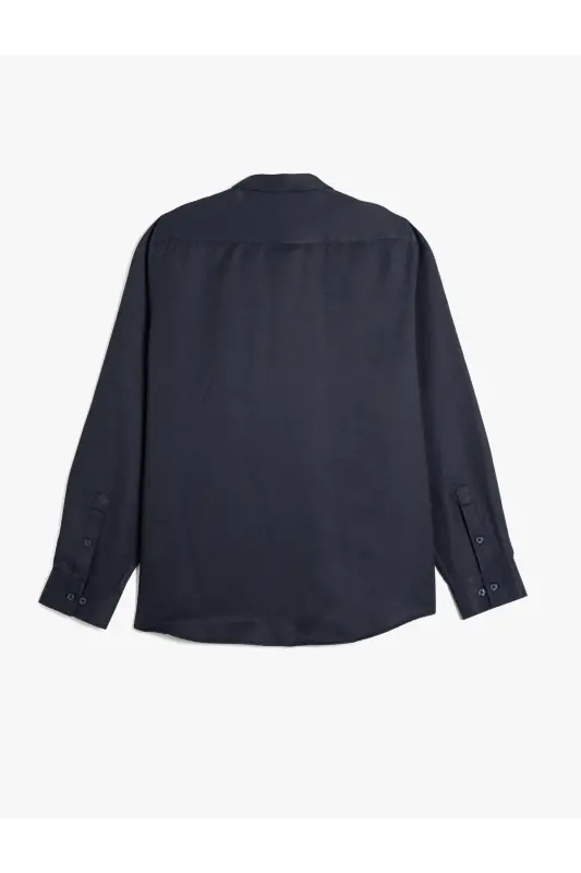 Pamuk Karışımlı Klasik Regular Fit Uzun Kollu Düğmeli Yarım İtalyan Yaka Gömlek-Lacivert - 2