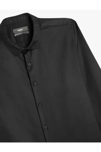 Pamuk Karışımlı Klasik Regular Fit Uzun Kollu Düğmeli Yarım İtalyan Yaka Gömlek-Siyah - 3