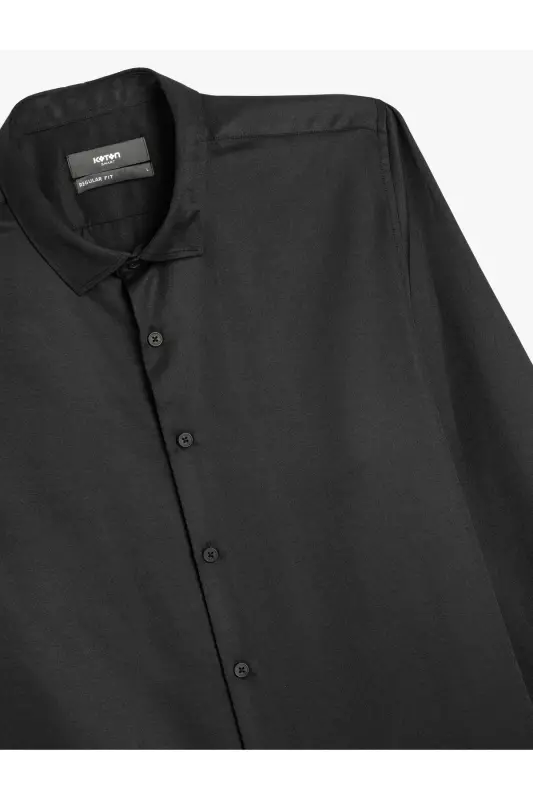 Pamuk Karışımlı Klasik Regular Fit Uzun Kollu Düğmeli Yarım İtalyan Yaka Gömlek-Siyah - 3