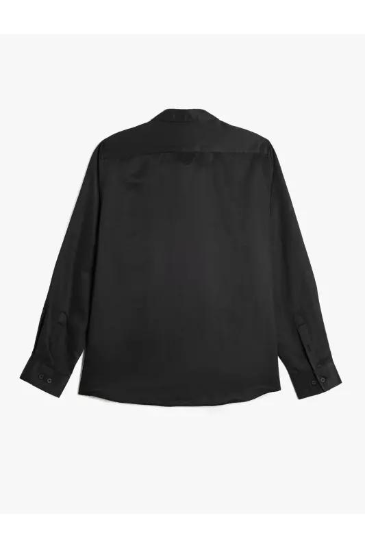 Pamuk Karışımlı Klasik Regular Fit Uzun Kollu Düğmeli Yarım İtalyan Yaka Gömlek-Siyah - 2