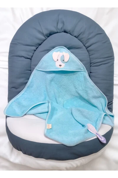 Pamuk Köpek Desen Nakışlı Havlu Kundak 75x75cm-Mavi - TANEM HOME