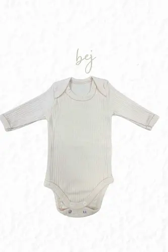 Pamuk Penye Çıtçıtlı Yenidoğan ve Bebek Uzun kollu Fitilli Body - UKbej - 1