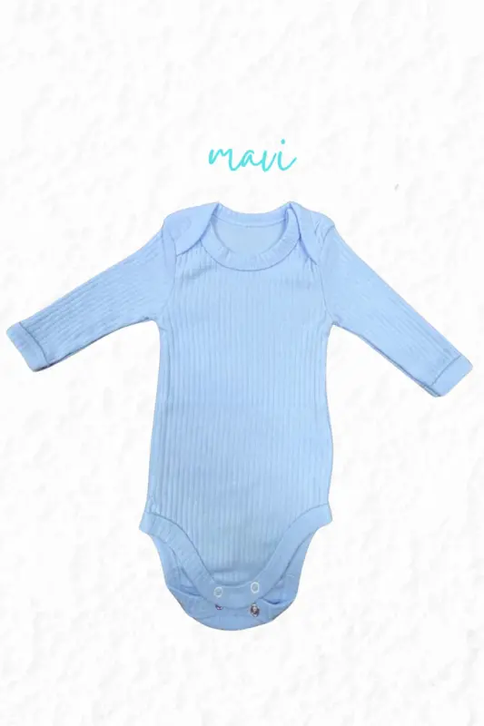 Pamuk Penye Çıtçıtlı Yenidoğan ve Bebek Uzun kollu Fitilli Body-UKmavi - 1