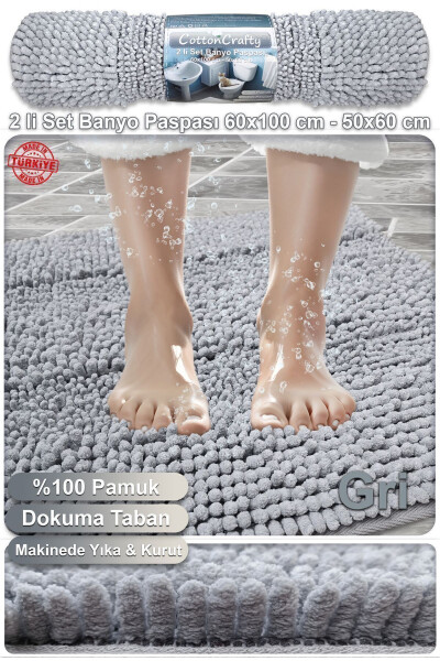 Pamuk Tafting Banyo Paspas Seti, Banyo Halısı Makarna 2 Li Set 60x100 - 60x50 - 2