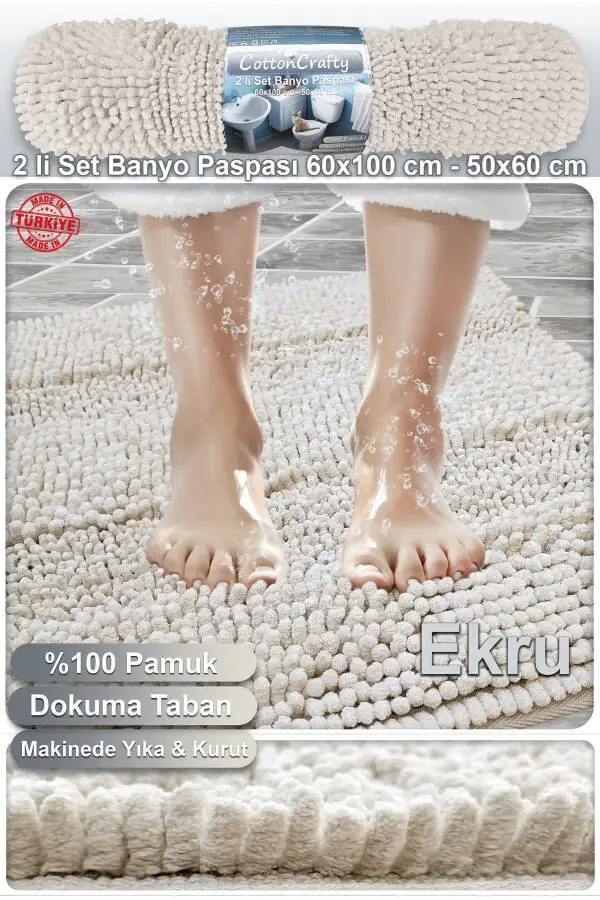 Pamuk Tafting Banyo Paspas Seti, Banyo Halısı Makarna 2 Li Set 60x100 - 60x50-ekru - 2
