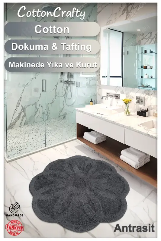 Pamuk Tafting Su Emici Banyo Paspası, Banyo Halısı LOTUS 100 x 100 CM ANTRASİT - Antrasit - 3
