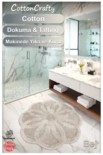 Pamuk Tafting Su Emici Banyo Paspası, Banyo Halısı LOTUS 100 x 100 CM BEJ - Bej - 3