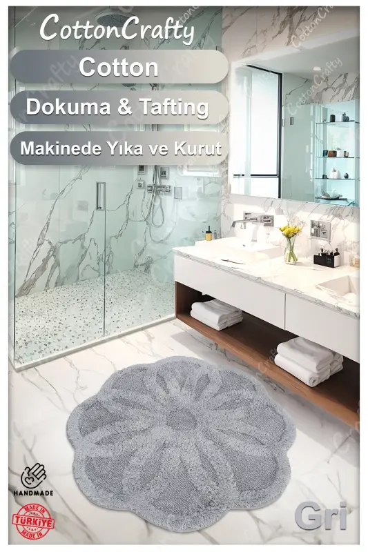 Pamuk Tafting Su Emici Banyo Paspası, Banyo Halısı Lotus 100 X 100 Cm Gri-Gri - 3
