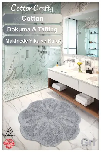 Pamuk Tafting Su Emici Banyo Paspası, Banyo Halısı Lotus 100 X 100 Cm Gri-Gri - 3