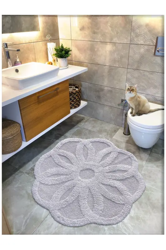 Pamuk Tafting Su Emici Banyo Paspası, Banyo Halısı Lotus 100 X 100 Cm Vizon - VİZON - 1