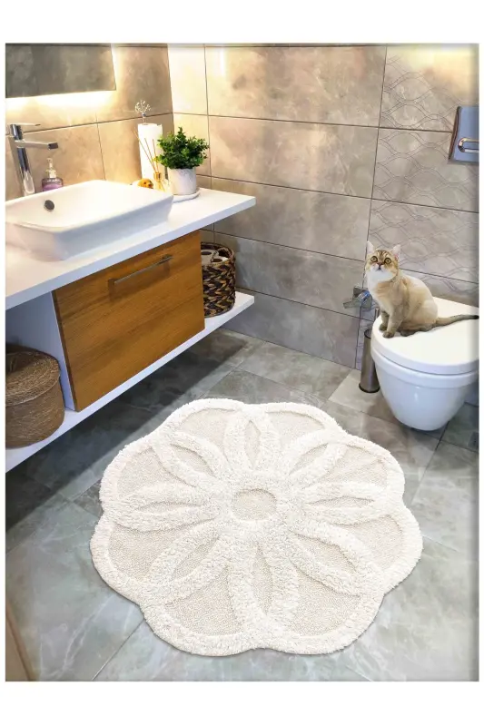 Pamuk Tafting Su Emici Banyo Paspası, Banyo Halısı LOTUS 100x100 CM KREM - Krem - 4