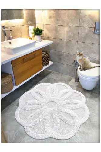 Pamuk Tafting Su Emici Banyo Paspası, Banyo Halısı LOTUS 120 x 120 CM EKRU-Ekru 