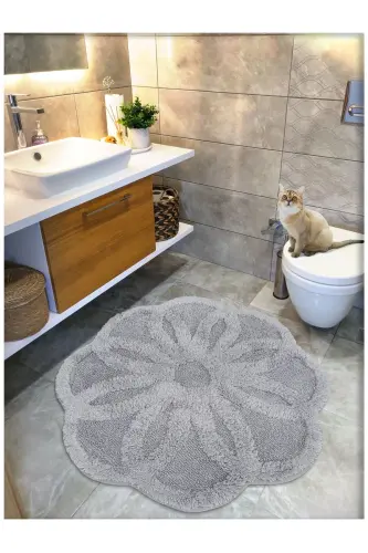 Pamuk Tafting Su Emici Banyo Paspası, Banyo Halısı Lotus 120 X 120 Cm Gri-Gri 