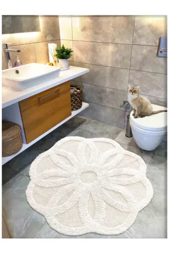Pamuk Tafting Su Emici Banyo Paspası, Banyo Halısı LOTUS 120x120 CM KREM-Krem - 1