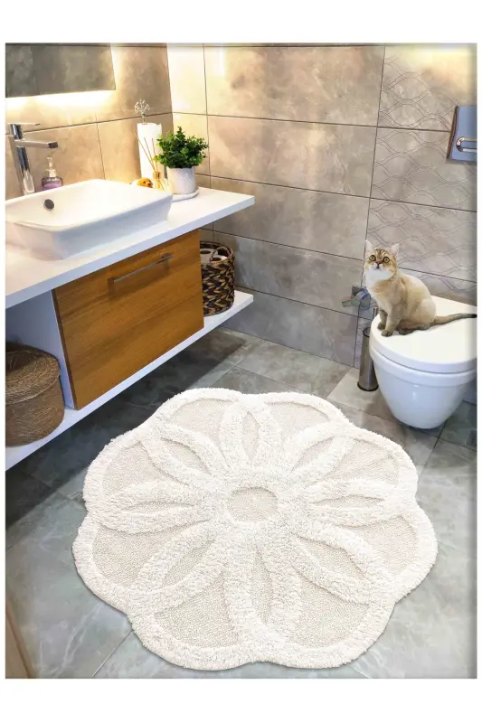 Pamuk Tafting Su Emici Banyo Paspası, Banyo Halısı LOTUS 120x120 CM KREM-Krem - 1