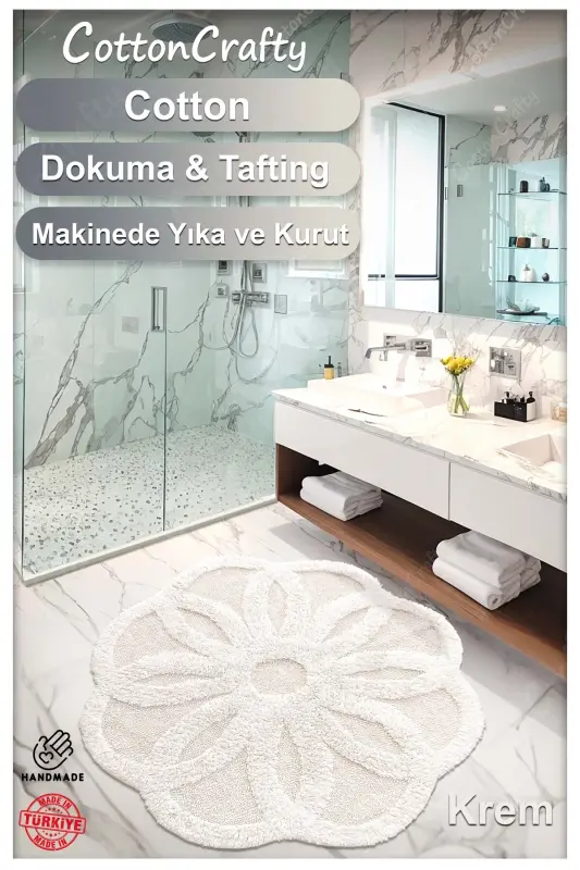 Pamuk Tafting Su Emici Banyo Paspası, Banyo Halısı LOTUS 120x120 CM KREM-Krem - 3